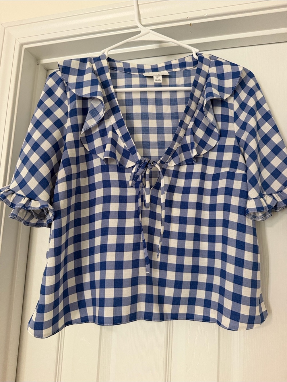Topshop Blue and White Gingham Tie-Neck Ruffle Blouse
